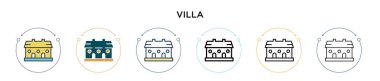 Villa simgesi doldurulmuş, ince çizgi, ana hatlar ve vuruş stili. Mobil, ui, web için iki renkli ve siyah villa vektör ikonu tasarımı vektör illüstrasyonu kullanılabilir