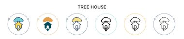 Ağaç ev ikonu, ince çizgi, özet ve vuruş stili. Mobil, ui, web için iki renkli ve siyah ağaç ev vektör ikonu tasarımı vektör illüstrasyonu kullanılabilir