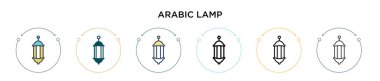 Arapça lamba ikonu, ince çizgi, dış hat ve vuruş stili. Mobil, ui, web için iki renkli ve siyah Arap lamba vektör ikonu tasarımı vektör illüstrasyonu kullanılabilir