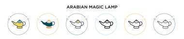 Arap sihirli lamba ikonu. İnce çizgi, dış hat ve vuruş stili. Mobil, ui, web için iki renkli ve siyah Arap sihirli lamba vektör ikonu tasarımı vektör illüstrasyonu kullanılabilir