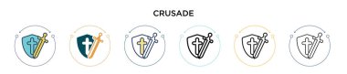 Haçlı Seferi ikonu, ince çizgi, ana hatlar ve vuruş stili. Mobil, ui, web için iki renkli ve siyah Haçlı Seferi vektör simgesi tasarımı kullanılabilir