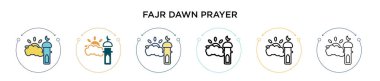 Fajr Dawn ikonu dolu, ince çizgi, özet ve vuruş stili. Mobil, ui, web için iki renkli ve siyah fajr şafak dua vektör simgeleri vektör illüstrasyonu kullanılabilir