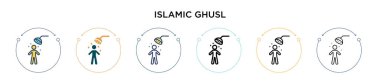 İslami ghusl simgesi dolu, ince çizgi, özet ve vuruş stili. Mobil, ui, web için iki renkli ve siyah islami ghusl vektör dizaynının vektör illüstrasyonu kullanılabilir