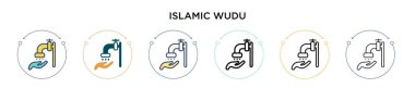 İslami wudu ikonu. İnce çizgi, özet ve vuruş stili. Mobil, ui, web için iki renkli ve siyah Wudu vektör simgesinin vektör çizimi kullanılabilir