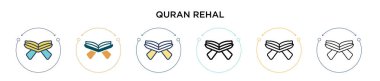 Kur 'an Rehal simgesi doldurulmuş, ince çizgi, özet ve çizgi şeklinde. Mobil, ui, web için iki renkli ve siyah Kuran vektör ikonu tasarımı vektör illüstrasyonu kullanılabilir