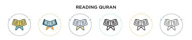 Kuran simgesi okunuyor. İnce çizgi, özet ve vuruş stili. Mobil, ui, web için iki renkli ve siyah Kuran vektör simgesi tasarımı vektör illüstrasyonu kullanılabilir