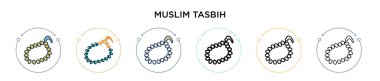 Müslüman tasbih simgesi doldurulmuş, ince çizgi, özet ve vuruş stili. Mobil, ui, web için iki renkli ve siyah Müslüman tasbih vektör simgesinin vektör illüstrasyonu kullanılabilir