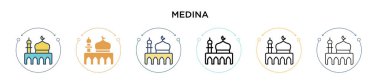 Medine ikonu, ince çizgi, özet ve vuruş stili. Mobil, ui, web için iki renkli ve siyah Medina vektör ikonu tasarımı vektör illüstrasyonu kullanılabilir