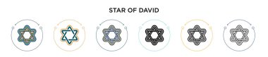 David ikonunun yıldızı, ince çizgi, özet ve vuruş stili. David vektör simgelerinin iki renkli ve siyah yıldızının vektör illüstrasyonu mobil, ui, web için kullanılabilir