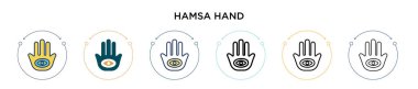 Hamsa el ikonu dolu, ince çizgi, özet ve vuruş tarzı. Mobil, ui, web için iki renkli ve siyah hamsa el vektör simgesi tasarımı vektör illüstrasyonu kullanılabilir