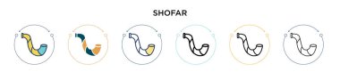 Shofar ikonu dolu, ince çizgi, özet ve vuruş stili. Mobil, ui, web için iki renkli ve siyah shofar vektör ikonu tasarımı vektör illüstrasyonu kullanılabilir