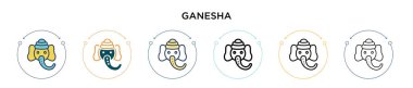 Ganesha simgesi dolu, ince çizgi, özet ve vuruş stili. Mobil, ui, web için iki renkli ve siyah ganesha vektör simgesinin vektör çizimi kullanılabilir