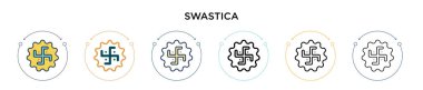 Swastica simgesi dolu, ince çizgi, özet ve vuruş stili. Mobil, ui, web için iki renkli ve siyah gamalı haç vektör simgesinin vektör çizimi kullanılabilir
