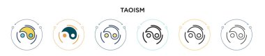 Taoizm simgesi dolu, ince çizgi, özet ve vuruş stili. Mobil, ui, web için iki renkli ve siyah taoizm vektör ikonu tasarımının vektör illüstrasyonu kullanılabilir