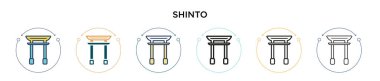 Shinto simgesi dolu, ince çizgi, özet ve vuruş stili. Mobil, ui, web için iki renkli ve siyah shinto vektör ikonu tasarımı vektör illüstrasyonu kullanılabilir