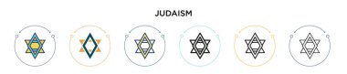 Musevilik simgesi, ince çizgi, özet ve vuruş tarzında. Mobil, ui, web için iki renkli ve siyah Yahudilik vektör ikonu tasarımının vektör illüstrasyonu kullanılabilir