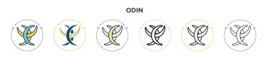 Odin ikonu dolu, ince çizgi, özet ve vuruş stili. Mobil, ui, web için iki renkli ve siyah Odin vektör simgesinin vektör çizimi kullanılabilir