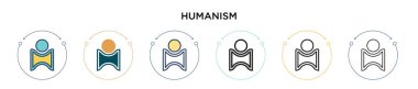 Hümanizm ikonu. İnce çizgi, özet ve vuruş stili. Mobil, ui, web için iki renkli ve siyah hümanizm vektör ikonu tasarımının vektör illüstrasyonu kullanılabilir