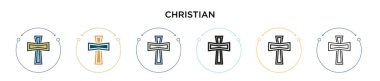 Hristiyan ikonu, ince çizgi, özet ve vuruş stili. Mobil, ui, web için iki renkli ve siyah Hristiyan vektör simgesinin vektör illüstrasyonu kullanılabilir