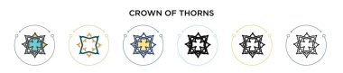 Dikenli taç ikonu, ince çizgi, ana hatlar ve vuruş stili. Dikenli vektör simgelerinden oluşan iki renkli ve siyah taç tasarımı mobil, ui, web için kullanılabilir