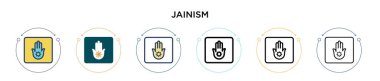 Jainizm simgesi doldurulmuş, ince çizgi, ana hatlar ve vuruş stili. Mobil, ui, web için iki renkli ve siyah jainism vektör ikonu tasarımı vektör illüstrasyonu kullanılabilir
