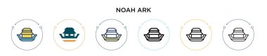 Nuh 'un Gemisi simgesi dolu, ince çizgi, özet ve vuruş tarzında. Mobil, ui, web için iki renkli ve siyah Noah ark vektör simgesi tasarımı vektör illüstrasyonu kullanılabilir