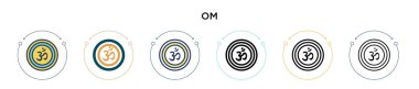 Om simgesi dolu, ince çizgi, özet ve vuruş stili. Mobil, ui, web için iki renkli ve siyah om vektör simgesinin vektör çizimi kullanılabilir