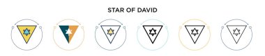 David ikonunun yıldızı, ince çizgi, özet ve vuruş stili. David vektör simgelerinin iki renkli ve siyah yıldızının vektör illüstrasyonu mobil, ui, web için kullanılabilir