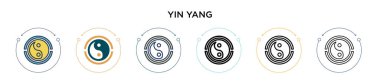 Yin yang simgesi ile doldurulmuş, ince çizgi, özet ve vuruş stili. Mobil, ui, web için iki renkli ve siyah yin yang vektör ikonu tasarımı vektör illüstrasyonu kullanılabilir