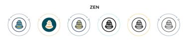 Zen simgesi dolu, ince çizgi, özet ve vuruş stili. Mobil, ui, web için iki renkli ve siyah zen vektör simgesinin vektör çizimi kullanılabilir