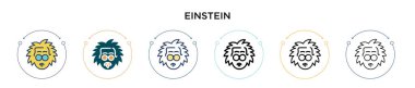Einstein simgesi dolu, ince çizgi, özet ve vuruş tarzında. Mobil, ui, web için iki renkli ve siyah Einstein vektör simgesi tasarımı vektör illüstrasyonu kullanılabilir