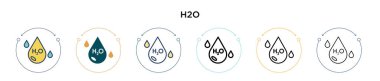 H2O simgesi dolu, ince çizgi, özet ve vuruş stili. Mobil, ui, web için iki renkli ve siyah H2o vektör simgesinin vektör çizimi kullanılabilir