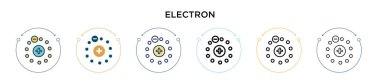 Elektron simgesi doldurulmuş, ince çizgi, dış hat ve vuruş stili. Mobil, ui, web için iki renkli ve siyah elektron vektör ikonu tasarımının vektör illüstrasyonu kullanılabilir