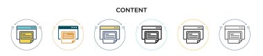 İçerik simgesi dolu, ince çizgi, özet ve vuruş tarzı. Mobil, ui, web için iki renkli ve siyah içerik vektör ikonu tasarımının vektör illüstrasyonu kullanılabilir