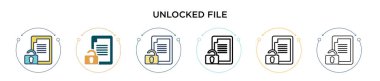 Kilitlenmemiş dosya simgesi dolu, ince çizgi, özet ve vuruş stili. İki renkli ve siyah kilitlenmemiş dosya vektör simgesi tasarımı mobil, ui, web için kullanılabilir