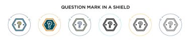 Kalkan simgesinde soru işareti var. Dopdolu, ince çizgi, ana hatlar ve vuruş stili. Bir kalkan vektör simgelerindeki iki renkli ve siyah soru işaretinin vektör illüstrasyonu taşınabilir, ui, 