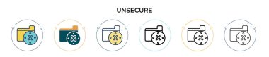 Dopdolu, ince çizgili, ana hatlı ve vuruş tarzında güvensiz bir simge. Mobil, ui, web için iki renkli ve siyah güvensiz vektör simgesinin vektör çizimi kullanılabilir