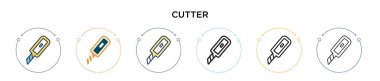 Kesici simgesi doldurulmuş, ince çizgi, özet ve vuruş stili. Mobil, ui, web için iki renkli ve siyah kesicinin vektör çizimi kullanılabilir
