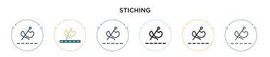 Dikiş ikonu dolu, ince çizgi, ana hatlar ve vuruş stili. Mobil, ui, web için iki renkli ve siyah dikiş vektör ikonu tasarımının vektör illüstrasyonu kullanılabilir