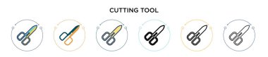 Kesme aracı simgesi doldurulmuş, ince çizgi, özet ve vuruş stili. Mobil, ui, web için iki renkli ve siyah kesme aracı vektör simgesi tasarımı vektör illüstrasyonu kullanılabilir