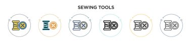 Dikiş aletleri simgesi doldurulmuş, ince çizgi, ana hatlar ve vuruş stili. İki renkli ve siyah dikiş araçlarının vektör illüstrasyonu vektör simgeleri mobil, ui, web için kullanılabilir