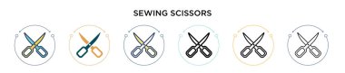 Makas simgesi dikiyorum. Doymuş, ince çizgi, dış hatlar ve vuruş stili. Mobil, ui, web için iki renkli ve siyah dikiş makas vektör ikonu tasarımı vektör illüstrasyonu kullanılabilir