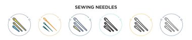 Dikiş iğneleri ikonu dolu, ince çizgi, ana hatlar ve vuruş stili. Mobil, ui, web için iki renkli ve siyah dikiş iğnesi ikonu tasarımı vektör illüstrasyonu kullanılabilir