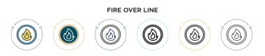 Çizgi üzerine çizgi şeklinde, ince çizgi halinde, ana hatlarıyla ve vuruş tarzıyla ateş edin. Çizgi vektör simgeleri üzerinde iki renkli ve siyah ateşin vektör illüstrasyonu mobil, ui, web için kullanılabilir