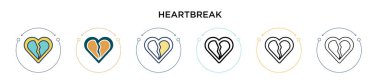 Kalp kırıcı ikon, ince çizgi, özet ve vuruş stili. Mobil, ui, web için iki renkli ve siyah kalp kırıklığı vektör ikonu tasarımı vektör illüstrasyonu kullanılabilir