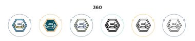 360 simge doldurulmuş, ince çizgi, özet ve vuruş stili. Mobil, ui, web için iki renkli ve siyah 360 vektör simgesinin vektör çizimi kullanılabilir