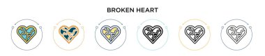 Kırık kalp ikonu dolu, ince çizgi, ana hatlar ve vuruş stili. İki renkli ve siyah kırık kalp vektör simgesi tasarımı mobil, ui, web için kullanılabilir