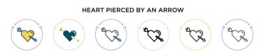 Kalbi bir ok ikonu delmiş, ince bir çizgi, ana hatlar ve vuruş stiliyle. Bir ok vektör simgeleri tarafından delinen iki renkli ve siyah kalbin vektör illüstrasyonu taşınabilir, ui, 