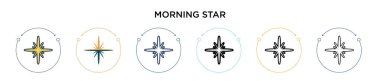 Sabah yıldızı ikonu, ince çizgi, özet ve vuruş stili. Mobil, ui, web için iki renkli ve siyah sabah yıldız vektör ikonu tasarımı vektör illüstrasyonu kullanılabilir