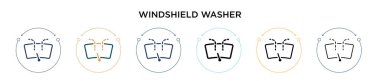 Ön cam yıkama ikonu dolu, ince çizgi, ana hatlar ve vuruş stili. Mobil, ui, web için iki renkli ve siyah cam yıkama vektör simgesi tasarımı kullanılabilir